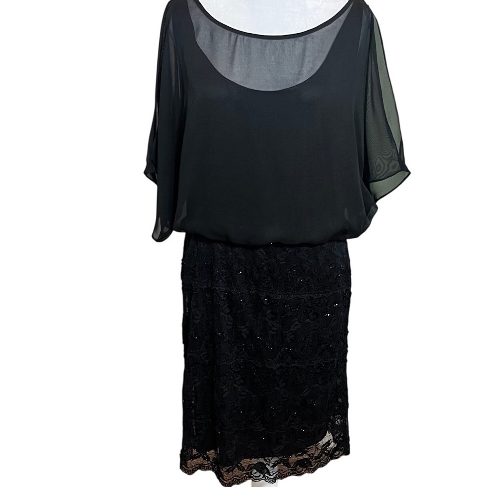 Black Lace Dress Sheer Overlay Beaded Detail Elegant Party Cocktail Size‎ Large